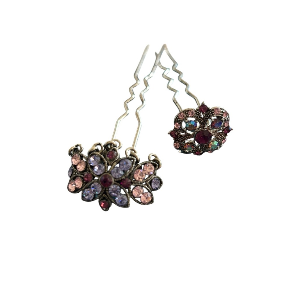Pink Jeweled Reproduction of Victorian Hairclips X2 Rhinestones Glam 4-5-5.5”